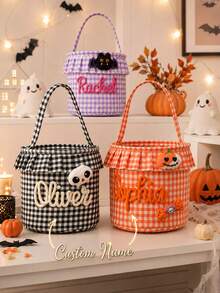 Personalized Ruffle Halloween Storage Basket, Customizable Name Plaid Halloween Trick Or Treat Bag, Halloween Candy Bucket, Halloween Gift Storage Box - Multicolor - View 3