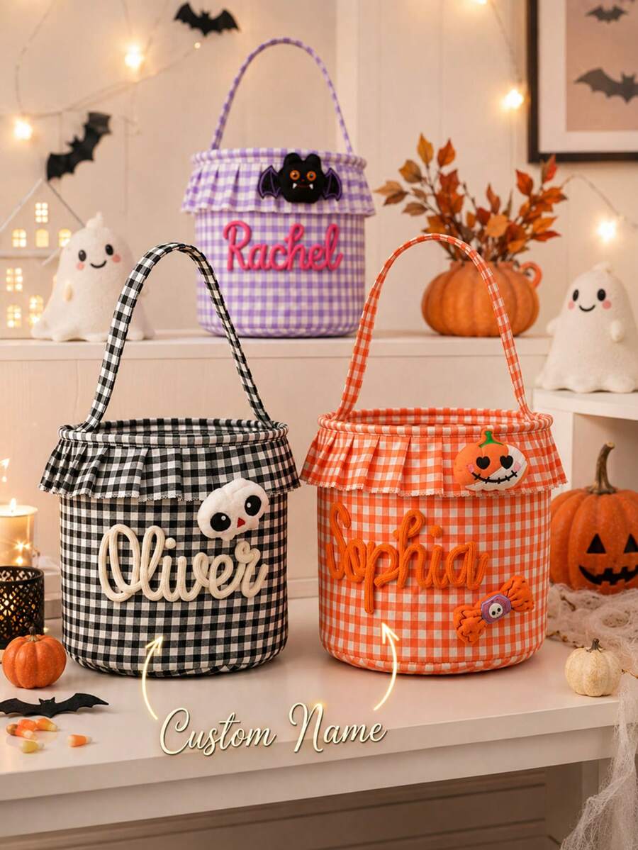 Personalized Ruffle Halloween Storage Basket, Customizable Name Plaid Halloween Trick Or Treat Bag, Halloween Candy Bucket, Halloween Gift Storage Box