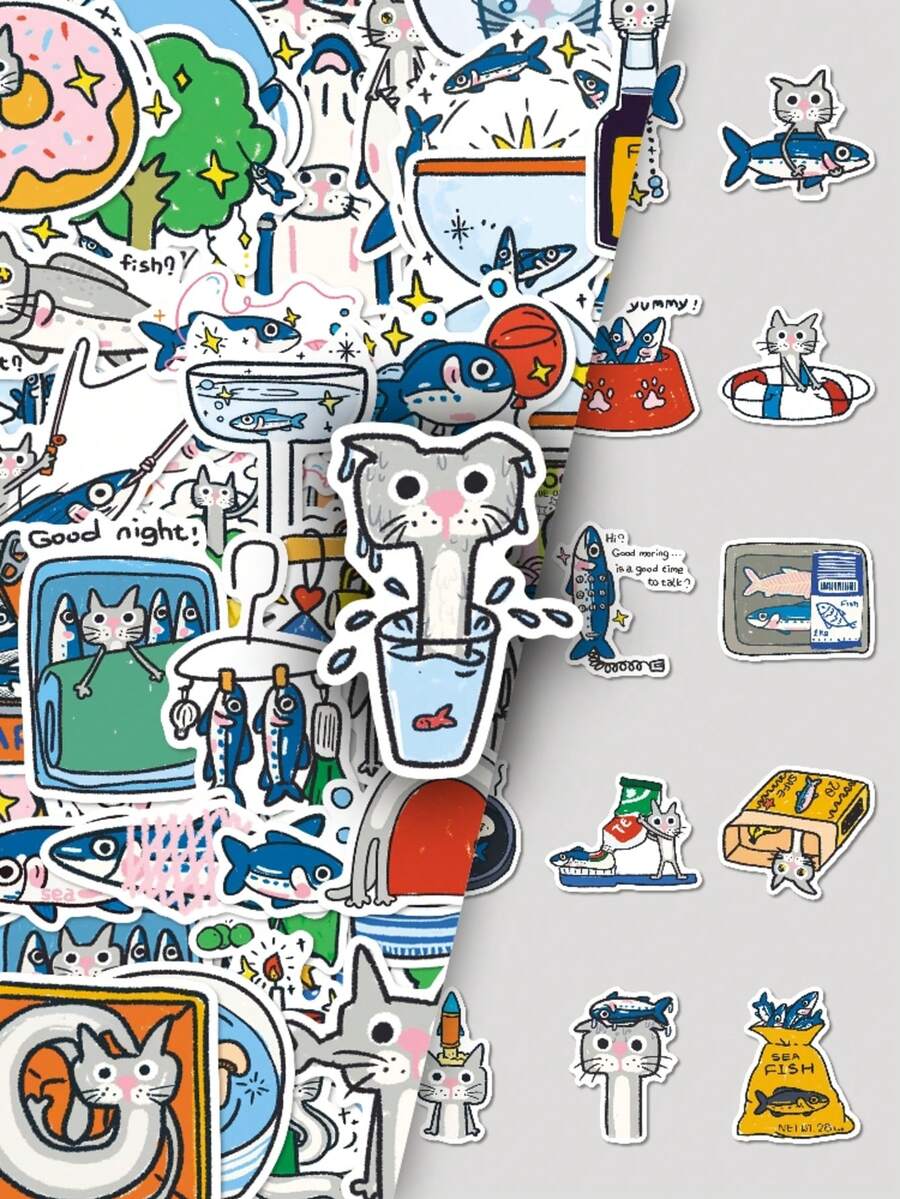 50pcs Original Hand-Drawn Cartoon Crayon Cat & Fish Creative Cute Adorable DIY Storage Box & Planner Decorative Stickers - Multicolor - View 1