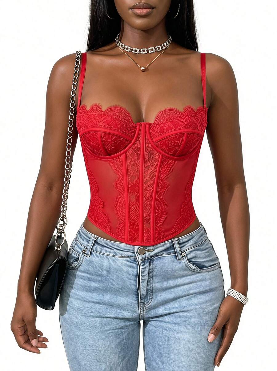 Blazique 1pc Lace Camisole Crop Top, Suitable For Dates, Parties, And Outings Casual Summer Red - Red - View 1
