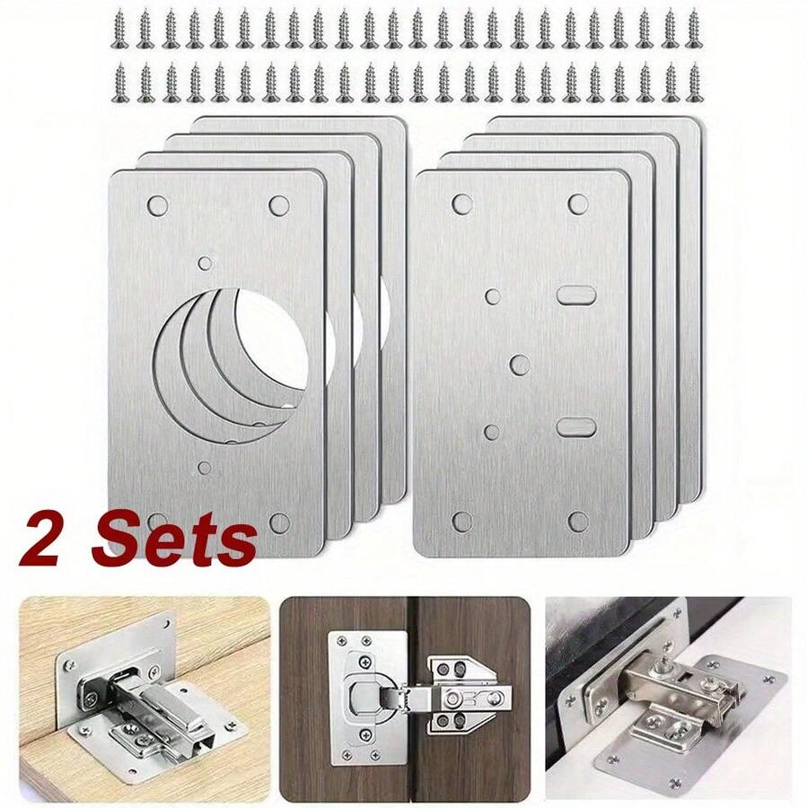 2 Sets Rectangular Hinge Repair Plates, Furniture Drawer Cabinet Repair Fixing Plates, Kitchen Cabinet Door Hinge Installation Kit Home Tools - Silver - View 1