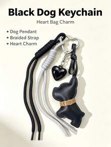 Vintage PU Dog Keychain, Cute Bag Charm, Braided Tassel & Glossy Heart Pendant, Metal Carabiner, Aesthetic Retro Bags Accessory For Dog Lovers - Multicolor - View 7