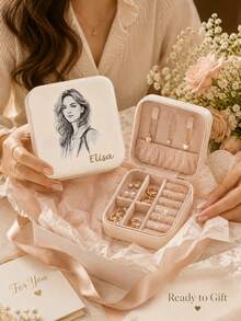 Custom Personalized Jewelry Box, Various Selfie Photos, Name Couple Making, Comfortable Touch Faux Leather Surface, Multi-Grid Partition Storage And Organization Of Rings, Necklaces, Earrings, Travel, Bedroom Jewelry Organizer Box, Ideal Gift - Multicolor - View 4