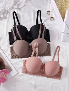 3pcs/Set Bra Wanita Seksi Berenda Tanpa Kawat dengan Cup Cetak, Mengangkat Payudara dan Mencegah Kendur, Desain Menggoda Kelas Atas, Membentuk Lekuk Tubuh dengan Sempurna - MultiWarna - View 2