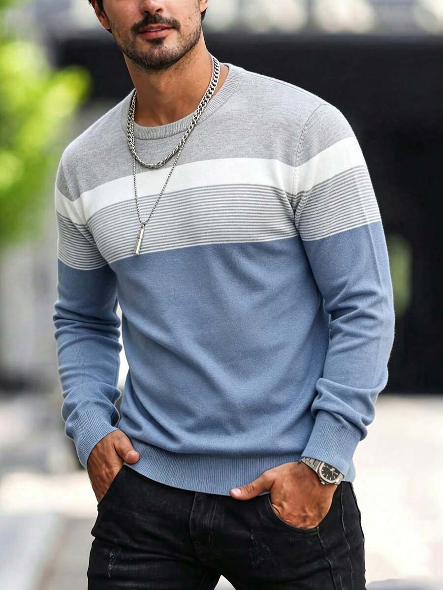 New Men's Commuter Versatile Casual Comfortable Crew Neck Long Sleeve Top - Baby Blue - View 1