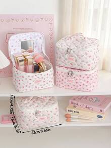 1Pc Ditsy Floral Quilted Makeup Bag With Built-In Mirror Portable Handle Large Capacity Travel Cosmetic Organizer Skincare Wash Bag For Women Daily T - Multicolor - View 11