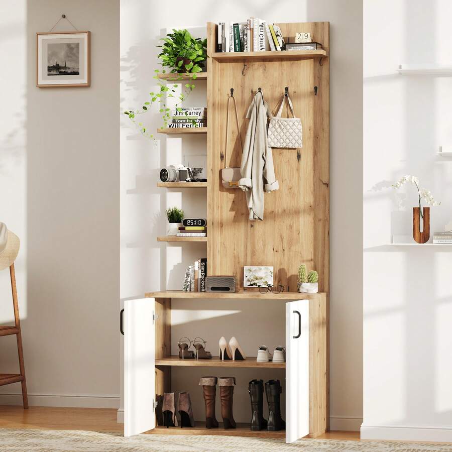 Hall Tree With Shoe Storage, Plant Stand Natural Wood + White 75x33x180 Cm - Natural - 查看 1