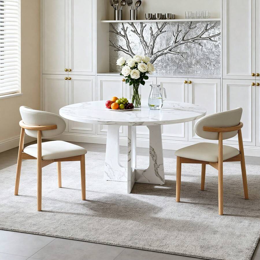 Round Dining Table Set With White MDF Top And Beech Wood Chairs – Ideal For Dining Room Or Living - 白色 - 查看 1