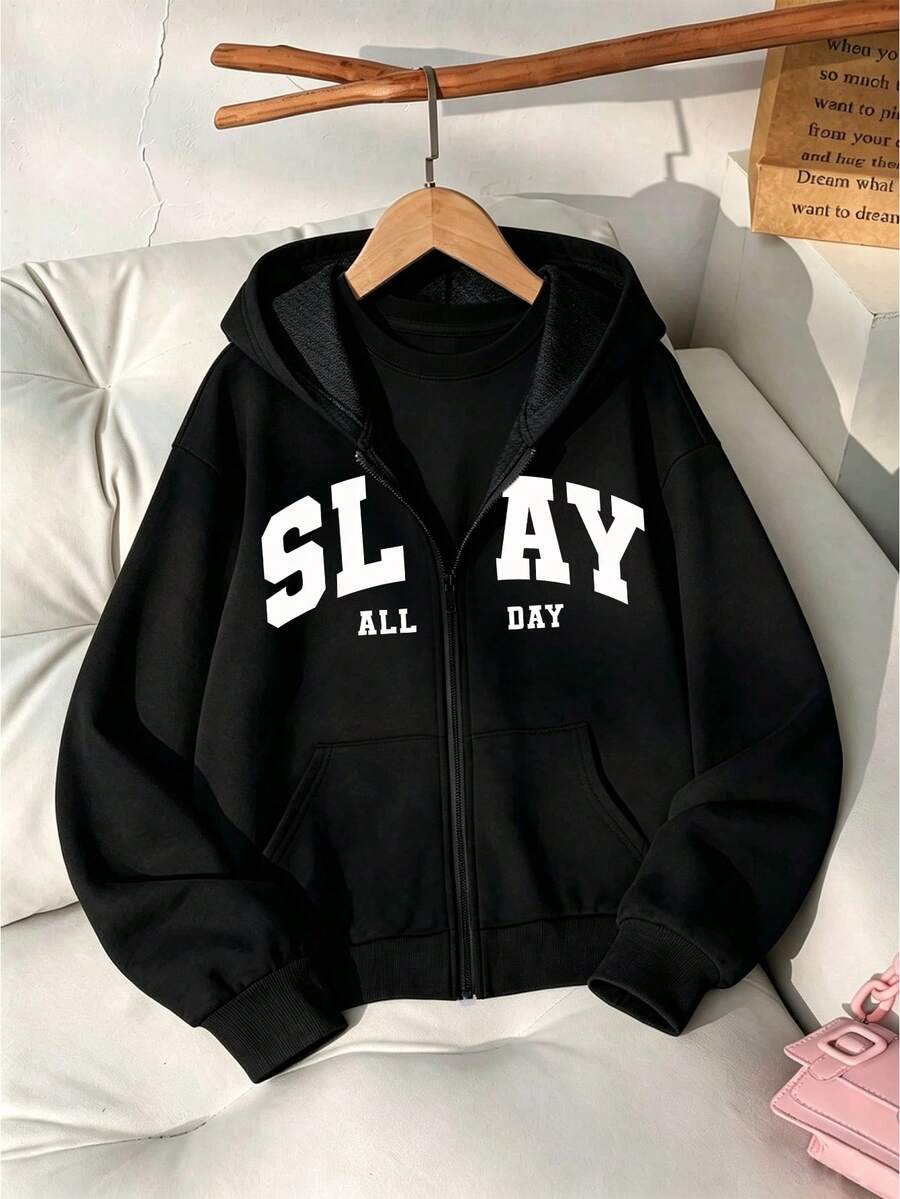 Tween Girl "SLAY" Print Hooded Zip-Up Sweatshirt, Casual Long-Sleeve Jacket, Comfortable And Soft Fabric, Suitable For Daily Autumn And Winter Wear. - Black - View 1