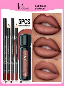 Pudaier 3-Piece Lip Liner And Lip Gloss Set - Matte Lip Liner And Lip Gloss Set, Smooth Application, Precise Lip Contouring, Create Full And Stunning Makeup Look, Perfect Makeup Essential For All Occasions, Ideal Gift For Women - 3PCS SET - View 1