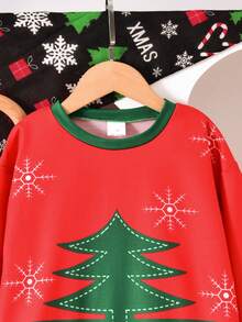 Vihyde Young Girls Christmas New Arrival 2 Pieces Outfit, Christmas Tree & Snowflake Print Long Sleeve Top & Star Sequin Tulle Ruffle Skirt Set - Red - View 4