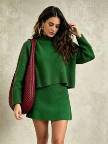 Women's Solid Color Mock Neck Long Sleeve Top + Elastic Waist Short Skirt – Fall Winter Simple Lazy Knit Skirt Set, Street Casual Matching Wear - Green - View 2