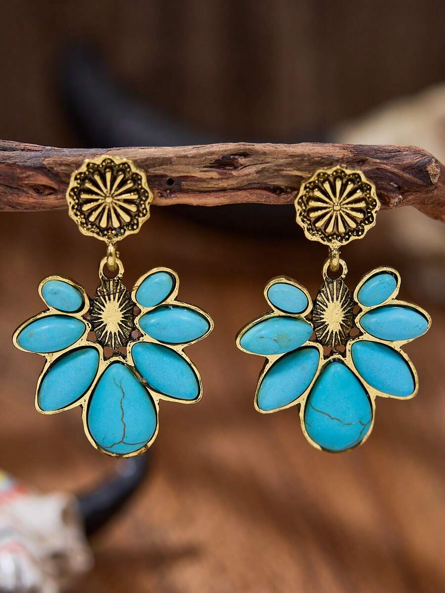 luodee 1 Pair Vintage Western Style Petal Turquoise Earrings, Bohemian Dangle Earrings For Women, Suitable For Cowgirl's All Occasions, Exquisite Gift For Women - Multicolor - View 1