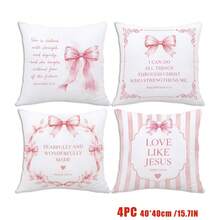 MEMNUN 4pcs Pink Bow Bible Verse Printed Pattern Decorative Cushion Cover [Pillow Insert Not Included], 40*40cm/45*45cm/50*50cm, [Single-Sided Print] Made Of Polyester Material Striped Wreath Bow Bible Quote Cushion Cover Room Decor, Home Decor, Bedroom Decor, Room Decoration Stuff For Sofa, Bed, Living Room, Bedroom, Car, Office, Hotel Decoration Throw Pillow Covers All Seasons Perfect Gift For Family And Friends - Multicolor - View 15