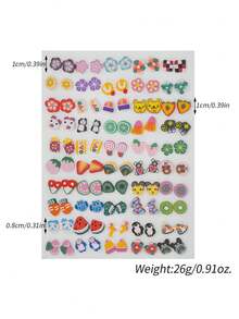 50 Pairs Mixed Color Cartoon Rhinestone Star, Music Note, Bow, Heart Plastic Stud Earrings Set, Suitable For Girls Birthday Party Or Gift - Multicolor - View 7