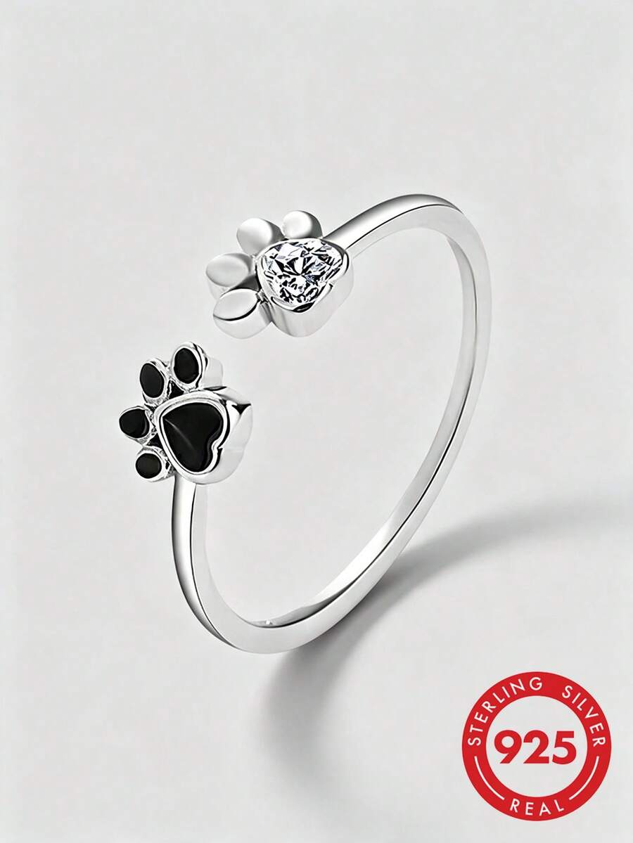 HuooNew Cubic Zirconia Paw Decor Sterling Silver Cuff Ring - Silver - View 1