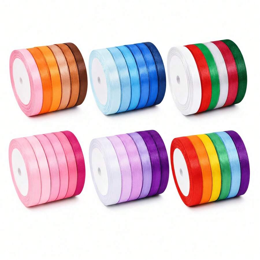 6pcs 10mm X 22m Satin Ribbon, Multi-Color Fabric Tape, Gift Ribbon, Suitable For Packaging & Holiday Decoration & Wedding & Bouquet & DIY Decoration - View 1