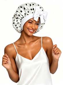 CONFLASS Polka Dot Satin Hair Bonnet With Big Bow, Single‑Layer Elastic Sleep Cap For Women, Curly Hair Protection Hat Back To School - Multicolor - View 9