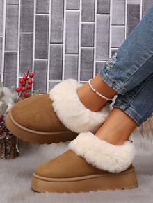 Women's Faux Fur Trim Slip-On Snow Boots, Winter Thermal Lined Thick Sole Anti-Slip Casual Winter Shoes - Brown - View 3