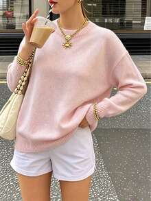Sweater Rajut Longgar dengan Bahu Jatuh dan Leher Bulat, Gaya Kasual Lembut, Serbaguna untuk Dipadukan dengan Pakaian Lain, Lengan Panjang Warna Pink untuk Musim Gugur/Dingin - Berwarna merah muda - View 3