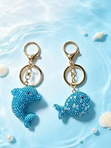 Full Rhinestone Blue Dolphin Keychain, Cute Crystal Fish Bag Charm, Car Key Pendant Accessories For Women - Blue - View 2