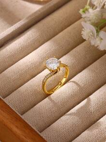 3Pcs/Set Fashion Cubic Zirconia Round Ring For Women Gold Color Geometric Open Ring Wedding Party Jewelry Gift - Multicolor - View 2