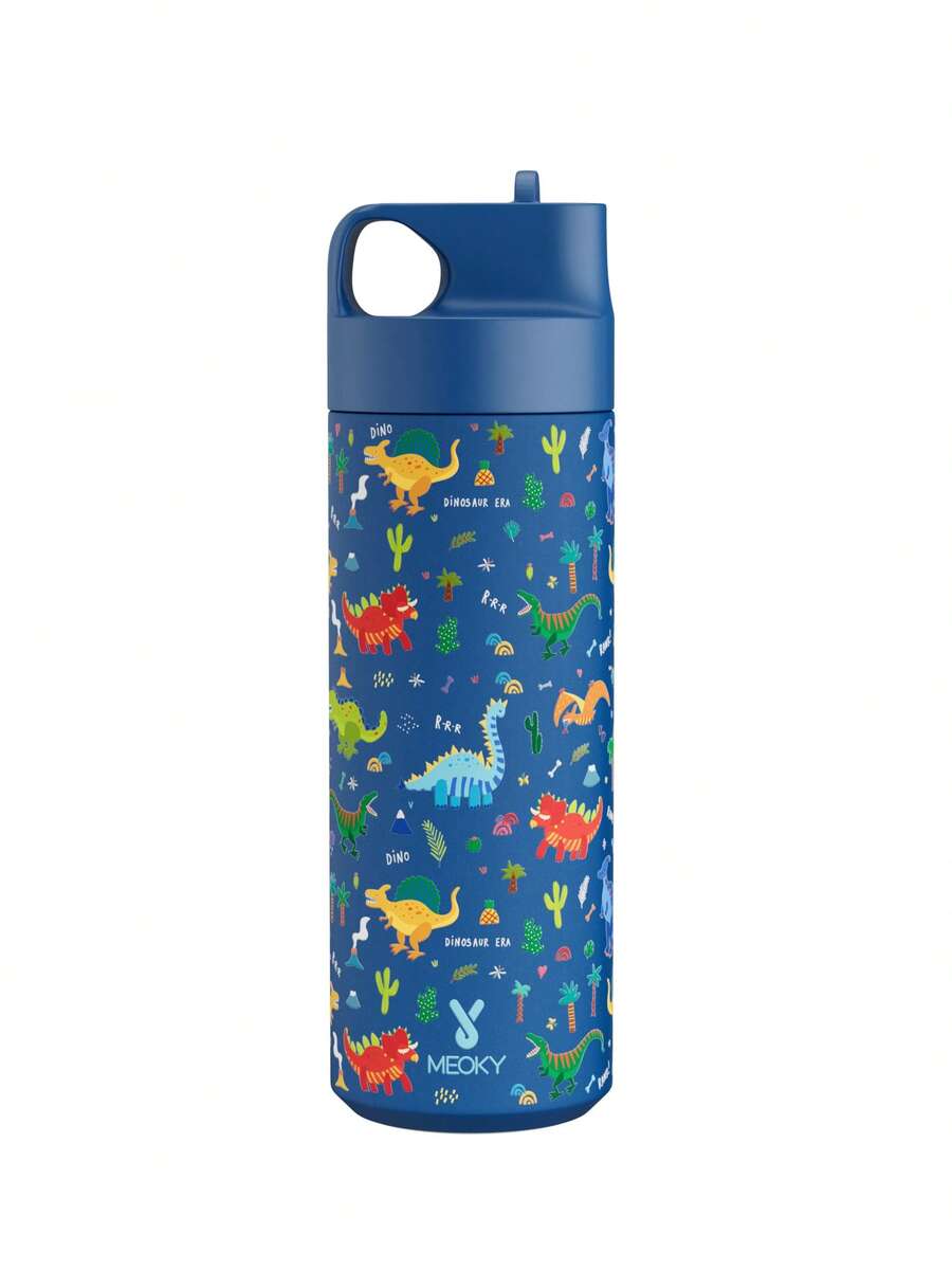 Meoky 19oz Blue Dinosaur Cartoon Print Stainless Steel Water Bottle With Loop Lid, Portable - Blue Dinosaur - View 1