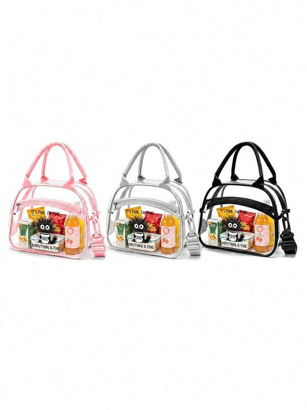 Transparent Crossbody Lunch Bag, Printed With "I'm Fine" Cat Pattern, PVC Material, Durable And Wear-Resistant, Fashionable And Portable Lunch Box Bag, Large Capacity Lunch Bag, Transparent Lunch Bag, With Adjustable Strap, Suitable For Men And Women's Work Transparent Lunch Box, Suitable For Office Workers And Students, Multi-Functional Travel Storage Bag, All Season Use, Gift For Friends, Colleagues, Teachers, Back To School Gift, Birthday Gift, Teacher's Day Gift
