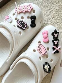 SANRIO 4/8/12pcs Cute Hello Kitty Shoe Charms - Multiple Designs Available, Including Pink Ribbon Star Bow, Clip, Cat And Heart Patterns, Black & Pink Accessories Suitable For Sandals, Clogs, Bags, Bracelets - Perfect Gift For Friends, Sparkling Shoe Decor, Bracelet Accessories, Fun Design, Durable Material, High-Quality Decoration (Random Style) - Pink - View 2