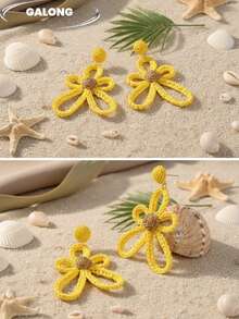 French Country Style Handmade Woven Flower Earrings For Women, Summer Fresh Straw Woven 3D Flower Drop Earrings, Vacation Style Jewelry - Yellow - View 3