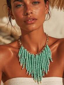 Collier exagéré style bohème avec perles turquoise et franges, collier ras-du-cou multi-couches avec chaîne trombone dorée et franges, convient aux femmes pour les vacances d'été à la plage et les fêtes - Multicolore - Voir 5