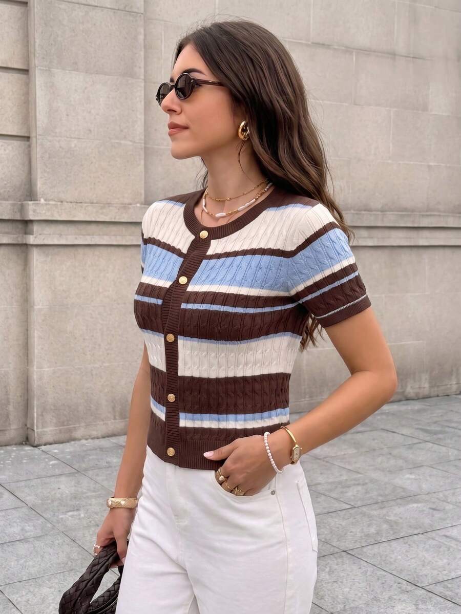 Women Cable Cardigan, Open Front Button Short Sleeve Cropped Vest, Medium Stretch H-Sil For Fall Winter Layering, Back To School Vacation