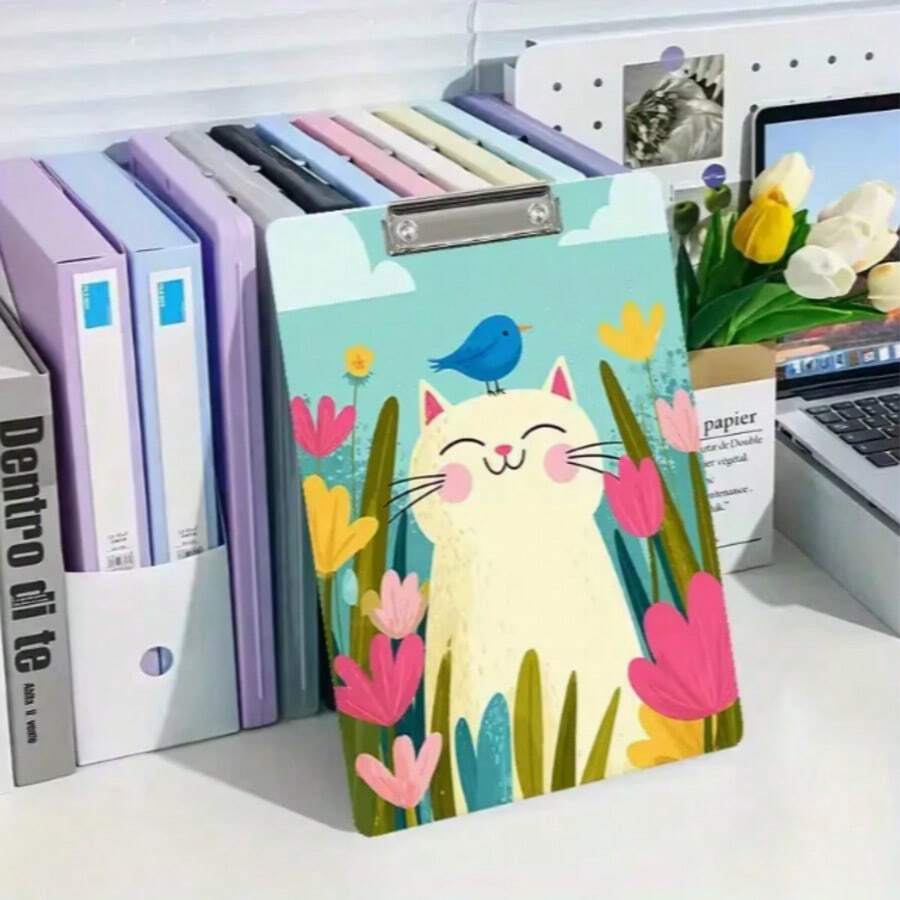 1 Peça Pasta Decorada com Gato de Desenho Animado Fofo e Flor, Fichário Acrílico de Folhas Soltas - Tamanho A4, Armazenamento e Organização de Documentos Portátil, Adequado para Escritório, Escola, Casa, Suprimentos Escolares, Armazenamento de Arquivos - Multicolorido - Visão 1