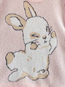 Girls' Sweet & Cute Round Neck Long Sleeve Sweater, Rabbit Jacquard Faux Mink Fur Pullover, Casual Versatile Knit Top For Daily Wear, School, Spring, Autumn, Winter - Pink - View 4