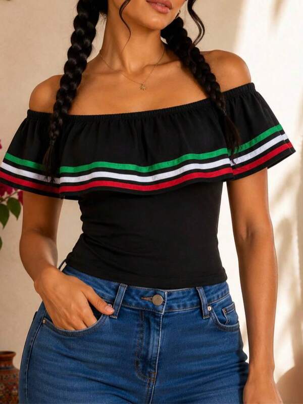 Blusa Campesina Mexicana Septiembre Negra con Olan Tricolor Hombros Descubiertos para Mujer
