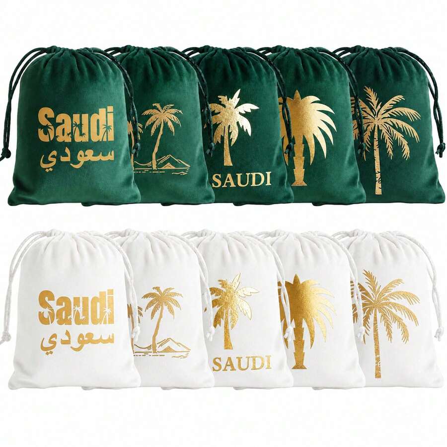 5pcs/1pc Tas Beludru Hijau dengan Motif Pohon Palem, Tas Dekorasi Pesta Perayaan untuk Hari Nasional Arab Saudi - MultiWarna - View 1