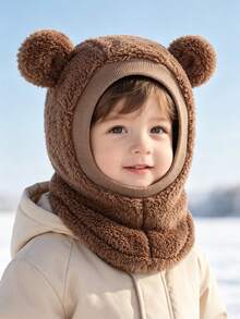 1pc Children's Bear Ear Plush Balaclava Hat, Thick Warm All-In-One Neck Warmer, Soft Fleece Kids Headwear For Winter Daily Outdoor Wear - 1PC - View 9