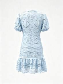 Vusalt 女款夏季白色重工刺繡蕾絲復古優雅泡泡袖修身法式度假洋裝，適合情人節、海灘、婚禮賓客、生日及其他場合，優雅女士度假穿搭派對洋裝，萬聖節與假日穿著 - 藍色 - 查看 8
