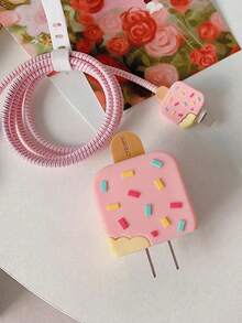 Cute Charger And Data Cable Protector Set, Compatible With Apple 20W Charger, Includes Cable Protector, Cable Organizer And Plug Cover, 4-Piece Charger Protector Set - Pink - View 6