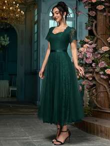 Women's Sweetheart Neckline Lace Flowy Mesh Cocktail Party Dress Fall - Dark Green - View 6
