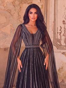 Premium Luxury Rhinestone Embellished Deep V-Neck Extra Long Sleeve Formal Gown & Evening Dress & Embellished Dress - Black - View 4