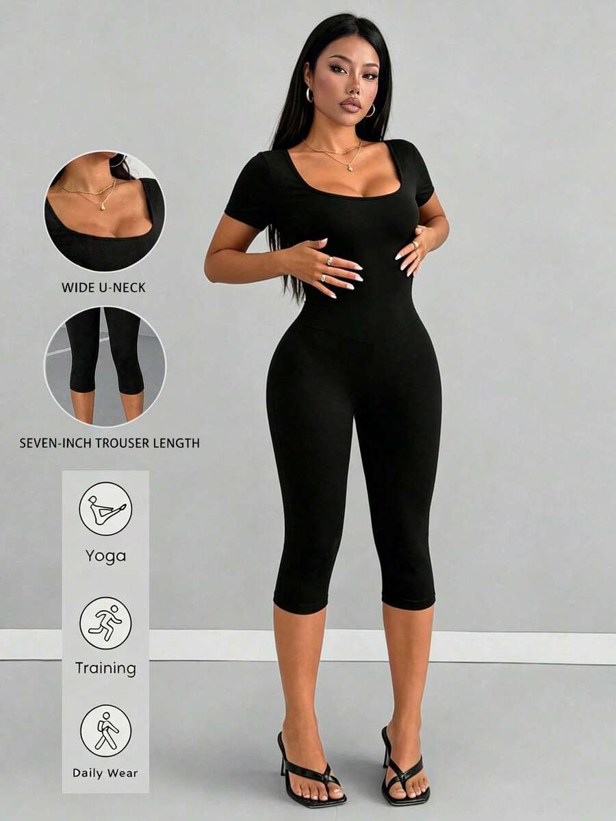 AiTyi 女款七分連身褲 夏季 U 領黑色 日常休閒修身 運動百搭 商務瑜伽基礎款 Y2K Ins 風格 返校季萬聖節秋季 - 黑色 - 查看 1