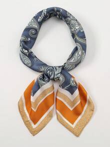 1pc Bohemian Paisley Pattern Silk Scarf, 27.5" X 27.5", Fashion Design, Suitable For Daily Wear - S40562-blue Orange - View 2