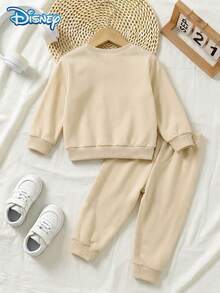 Disney Authorized Baby Girls Sweatshirt Set, Spring/Autumn Baby Girls Clothes, Disney Multi-Character Collection Print Vintage American Style, All-Match Crew Neck Ribbed Cuff Sweatshirt With Matching Solid Color Jogger Pants 2 Pieces Set, Fits Girls Under 3 Years Old, Versatile Outfit For Daily Wear, Casual Outings, Vacation, Gatherings And Parties - Apricot - View 2