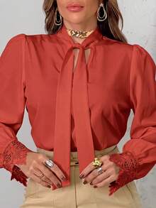 Elegant Women's Blouse, V-Neck With Bow, Embroidered Lace Blouse, Bell Sleeve Top, Women's Lace Tops - 亮橙色 - 查看 1