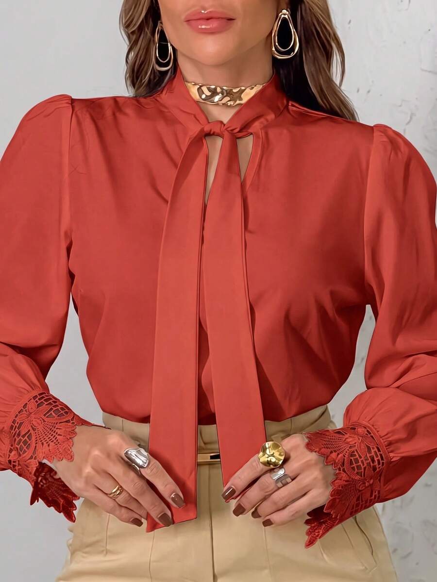 Elegant Women's Blouse, V-Neck With Bow, Embroidered Lace Blouse, Bell Sleeve Top, Women's Lace Tops - 亮橙色 - 查看 1