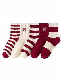 5 Pairs New Angola Red Mid-Calf Socks, Breathable And Moisture-Wicking, Unisex, Suitable For Christmas And Autumn - Multicolor - View 7