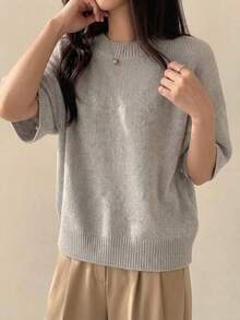 Light Gray Round Neck Short Sleeve Knit Sweater For Women, Loose Drop Shoulder Soft Short Sweater, Spring Summer Versatile Layering All-Match Inner Top - Light Grey - View 6