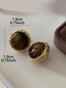 1 Pasang Anting Tusuk Geometris Minimalis Vintage dengan Batu Mata Harimau Cokelat, Cocok untuk Dipakai Wanita Saat Berpergian Sehari-hari - emas + coklat - View 4