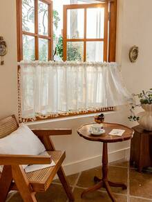1pc Multicolor Tassel Translucent Non-See-Through Short Curtain - Beige - View 1